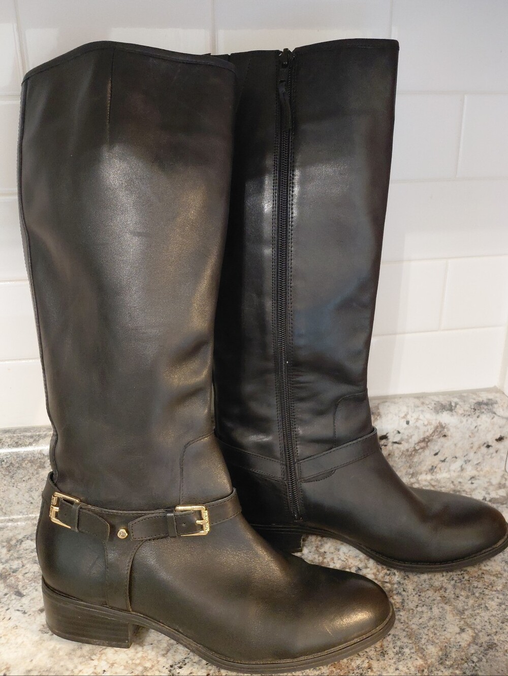 Lauren Ralph Lauren Black Leather Riding Boots with Gold Buckle
